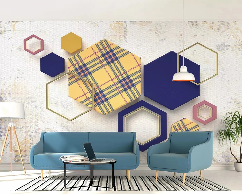 beibehang Custom fashion retro classic fashion geometric hexagon pattern plaid 3d fabric background papel de parede wall paper