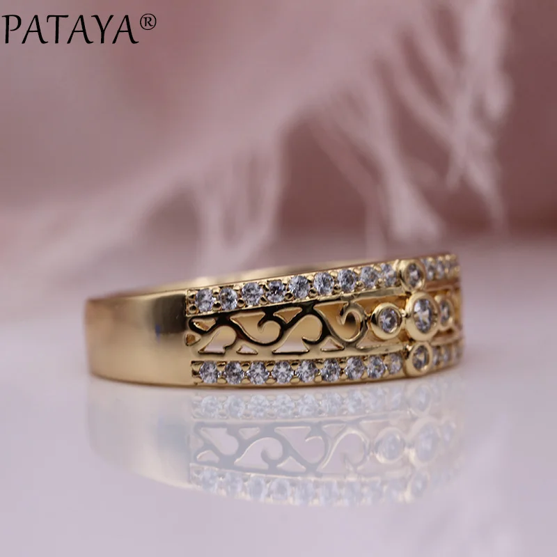 PATAYA New Women Rings 585 Rose Gold Color Micro Wax Inlay White Round Natural Zircon Fine Fashion Jewelry Luxury Hollow Rings