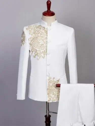 Chinese style Gold Embroidery Blazers Prom Host Stage Outfit Male Singer Teams Chorus Wedding Costume Black White Men\'s Suits