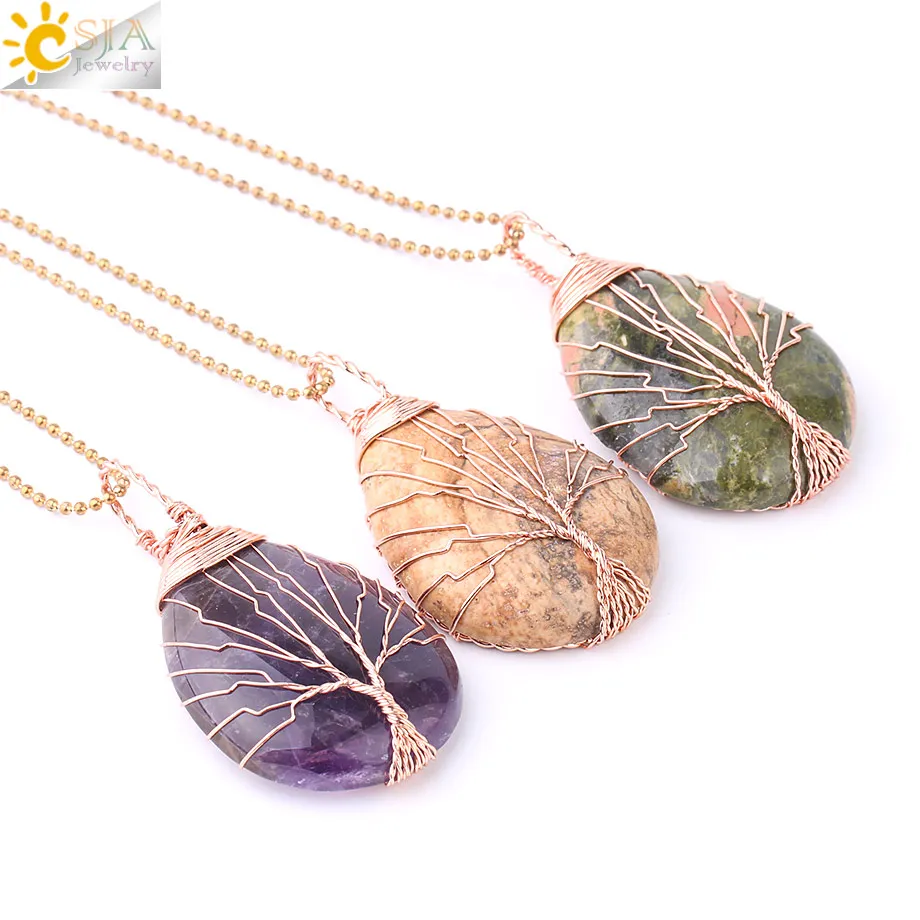 CSJA Tree of Life Water Drop Necklace & Pendants Rose Gold Color Wrap Wire Natural Gem Stone Purple Pink Quartz Opal Chakra E640