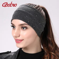 Geebro Brand Women's Rhinestone Headband Fashion Cotton Black Flat Head Bands for Girls Elastic Turban Wrap Hair Accessories