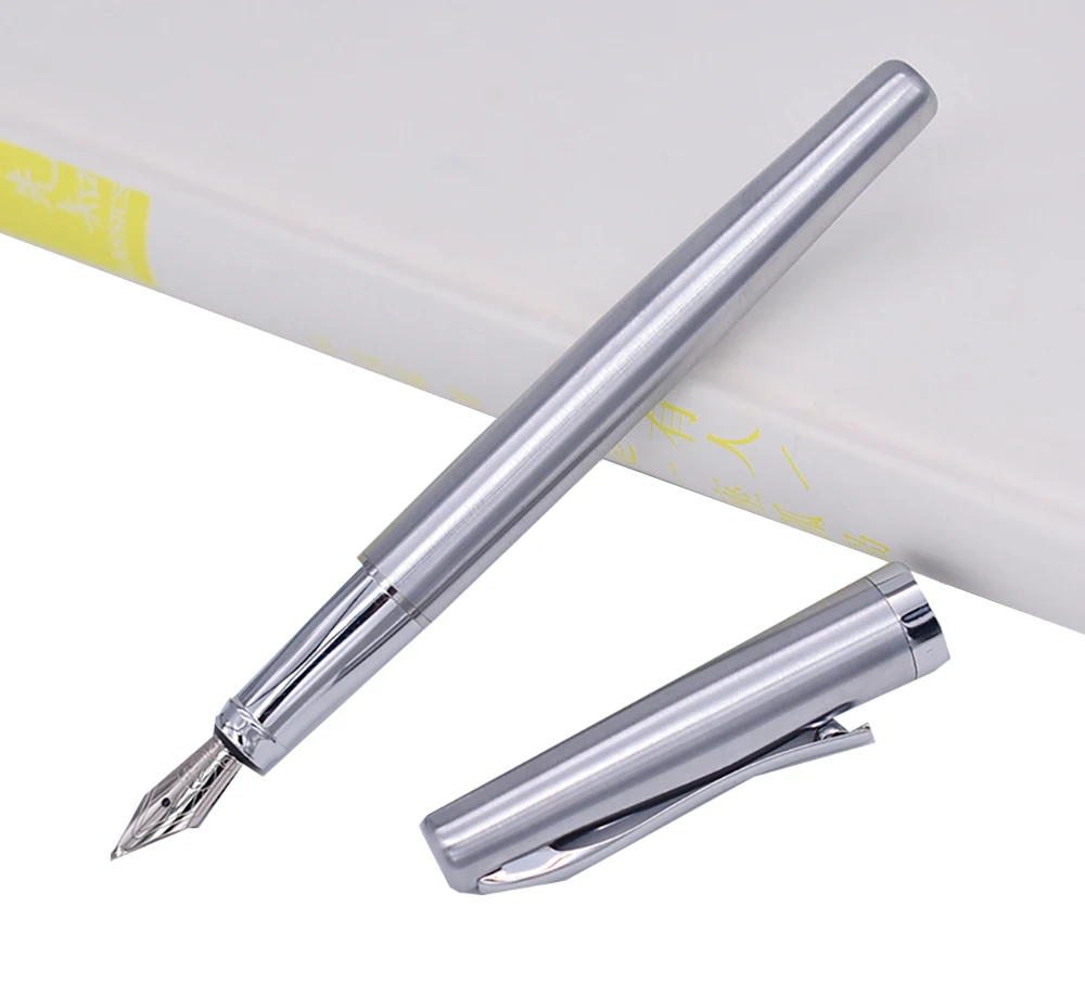 Duke 209 Steel Fude Calligraphy Fountain Pen Bent Nib , Pure Silver Color Writing Gift Pen for Painting / Office / Home