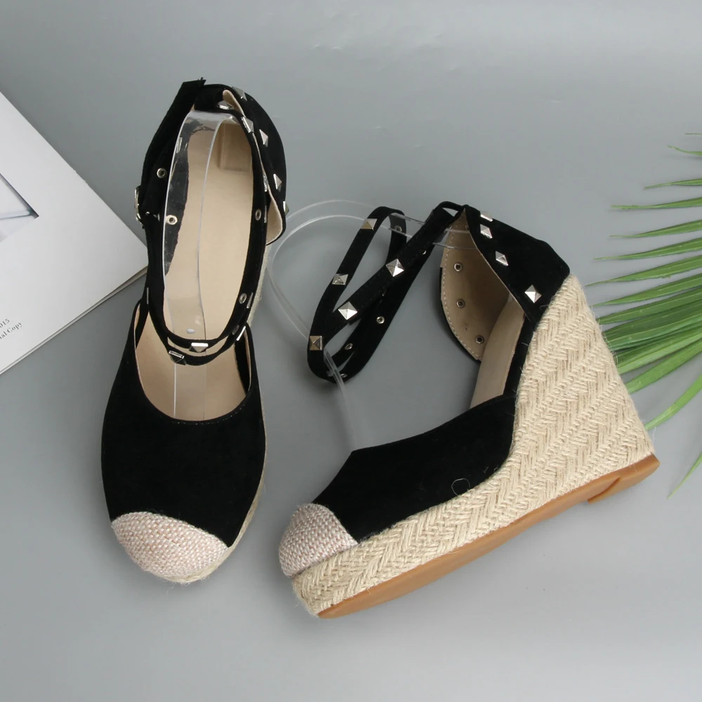 ANNYMOLI Sandals Women Rivets Platform Wedges High Heels Espadrille Shoes Summer Sexy Bohemia Ankle Strap Sandals Size 34-43