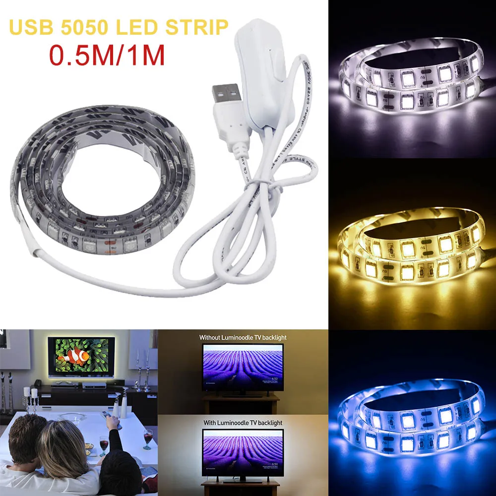 0.5m/1m/pc 5V USB LED strip SMD5050 Flexible white/warmwhite LED light,single color IP65 waterproof lights+On/off switch