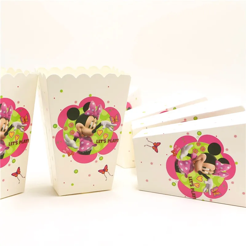 Disney Minnie Mouse 6pcs/lot Paper Popcorn Box Event Party Candy Gift Box Boy Girl Birthday Party Disposable Snack Box Supply