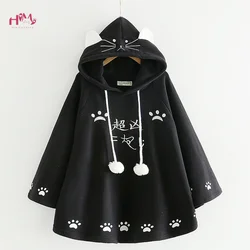 Moda Kadın Kawaii Kedi Kulak Kazak Japon Sevimli Paws Kızlar Casual Kabanlar Harajuku Pelerin Polar Gevşek Kapşonlu Hoodies