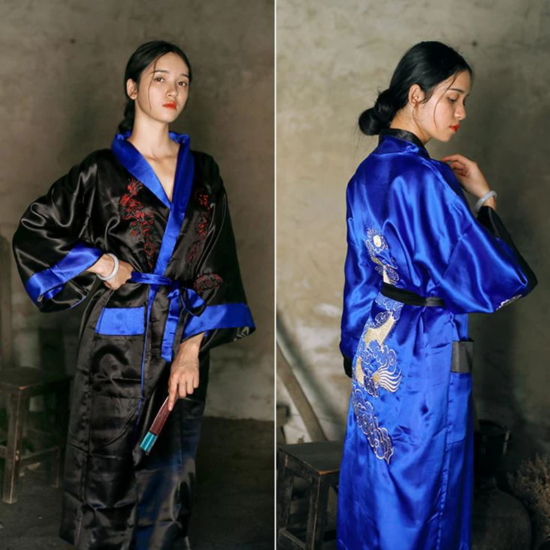 

Novelty Reversible Bath Robe Women Kimono Yukata Satin Embroidery Dragon Nightgown Chinese Kimono Robe Gown Two Side Sleepwear