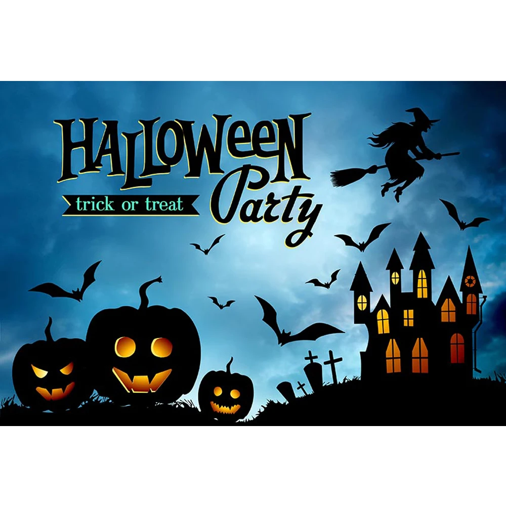 

Happy Halloween Photo Background Printed Blue Sky Bats Castle Pumpkin Lanterns Kids Trick or Treat Party Photography Backdrops