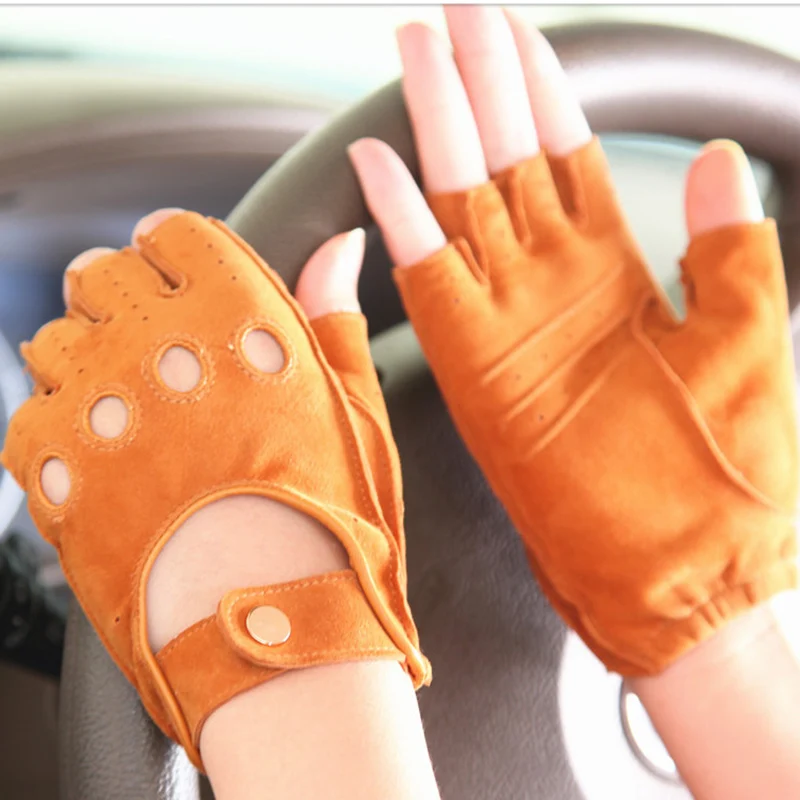 Summer Women's Genuine Leather Gloves Sheepskin Suede Semi-Finger Gloves Anti-Slip Breathable Driving EL099