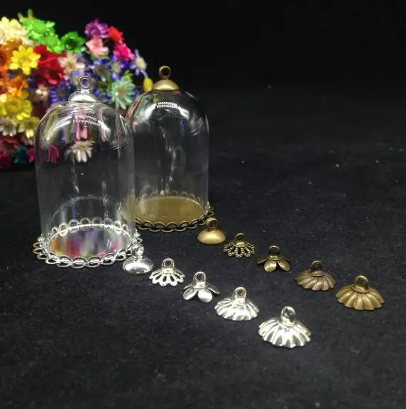 

20pcs 38*25mm glass globe antique bronze/silver double lace base 8mm beads cap set glass bottle vial pendant necklace finding