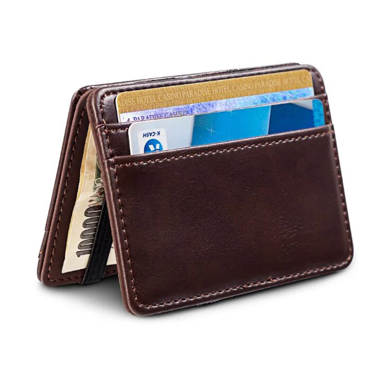 Hot Sale Men\'s leather Magic Wallets Portable Money Clips With Credit Card Slot Cash Holder Purse For Man Brown Coffee