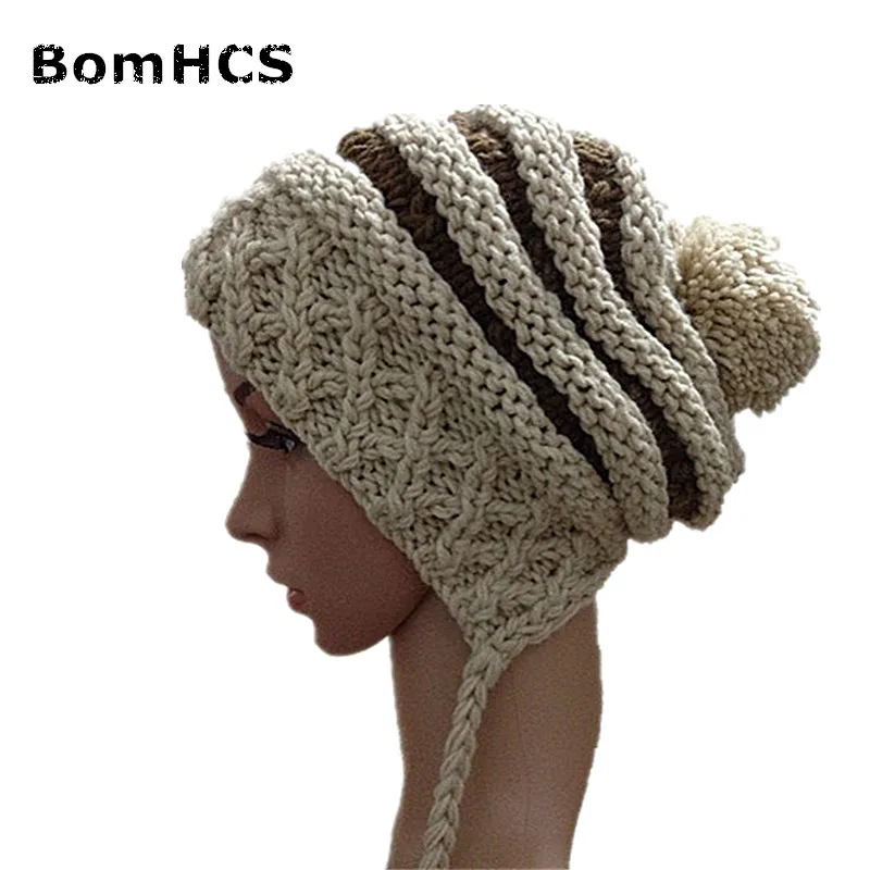 BomHCS 100% Handmade Knitted Hat Winter Women\'s Warm Beanie with Three Poms Caps