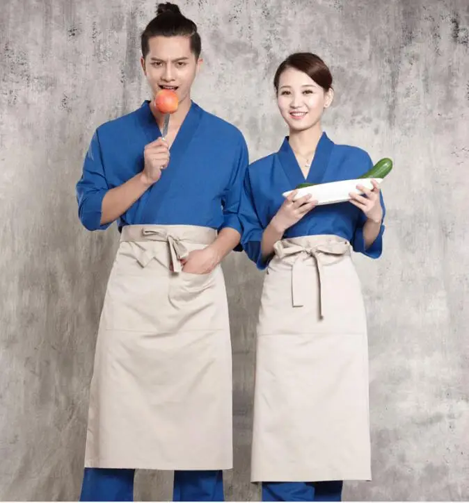 Japanese Cuisine Man&Woman Sushi clothes Chef Uniform Kimono Cooking Work Blue Tops