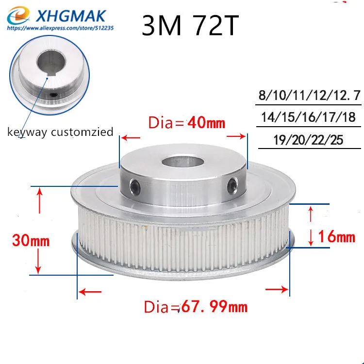 HTD3M 72Teeth Pitch 3mm Bore 8mm-20mm teeth width 16mm Synchronizing wheel Timing Pulleys for Stepper Servo motor 3D Printer