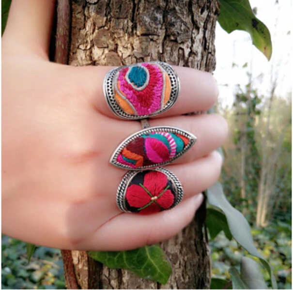 5PC  National style Embroidery rings Miao silver plated ethnic cotton jewelry creative personality fashion colorful ring