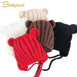 Knitted Winter Baby Hat with Ears Cartoon Lace-up Children Kids Baby Bonnet Cap for 1-3 Years 5 Colors