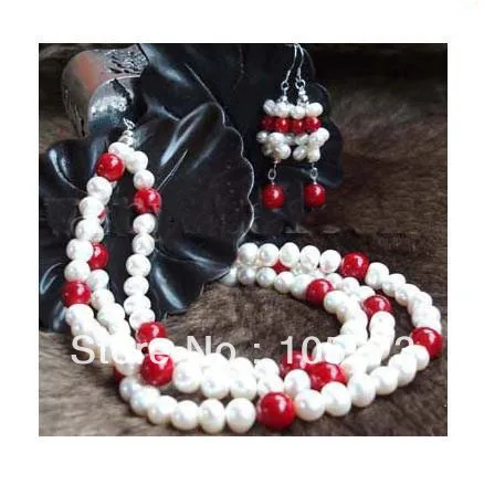 

New Arriver White Freshwater Pearl Red Coral Necklace Earrings 7-8mm 16-18'' 3Rows Hot Sale Top Quality New