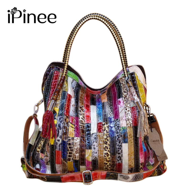 

iPinee Real Cow Leather Bags For Women Brands Cowhide Paillette Genuine Leather Handbags Snake Messenger Bag Luxury Tote