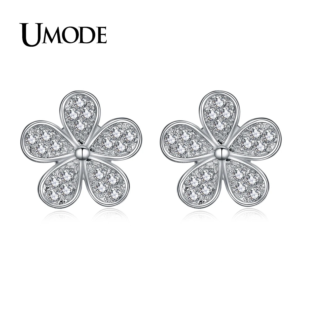 UMODE Cute Flower Shape Stud Earrings for Women White Gold Color Jewelry Fashion Blossom Boucle D\'oreille Femme Christmas UE0321