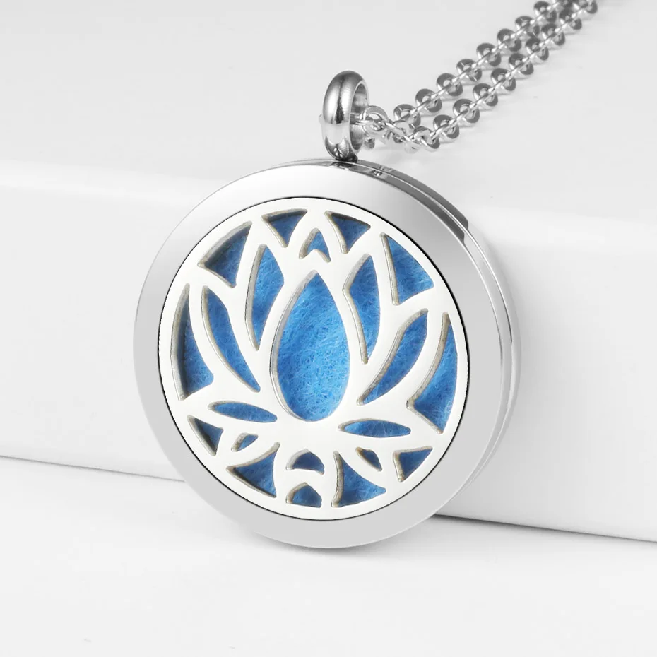 20mm 25mm 30mm magnetic essential oil diffuser necklace 316l stainless steel lotus shape aromatherapy pendants jewelry