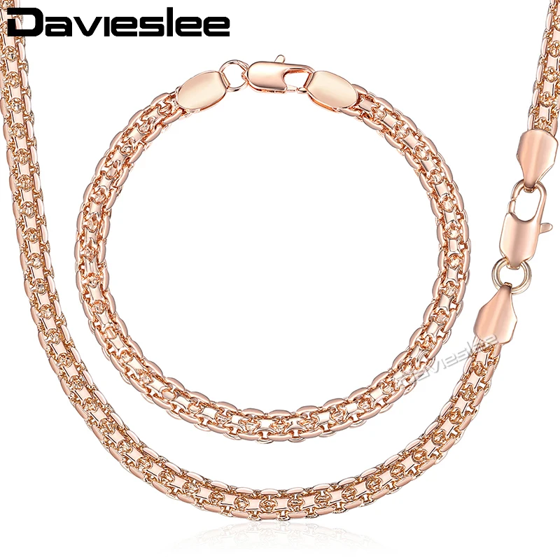 Davieslee Jewelry Set For Women 585 Rose Gold Color Bracelet Neckalce Set Bismark Link Chain Dropshipping Jewelry Gift 5mm GS275