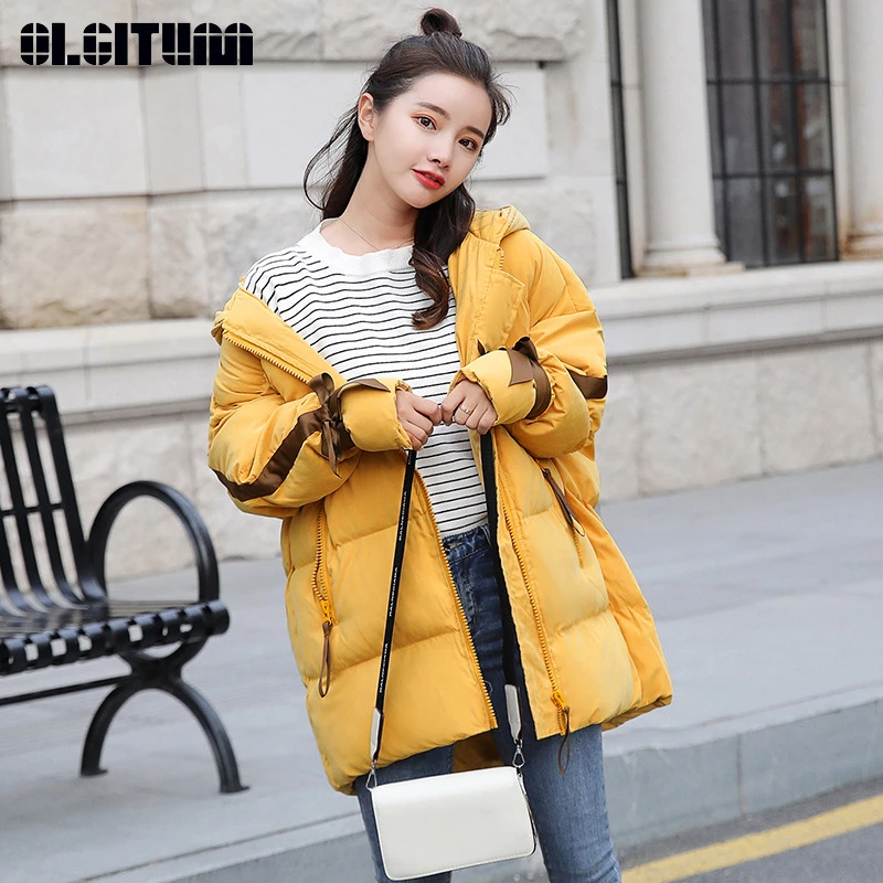 New Hooded Cotton Coat Women Winter Chic Loose Thick Long Cotton Solid Fashion Jacket Stylish Zipper Pocket Cuff Bow