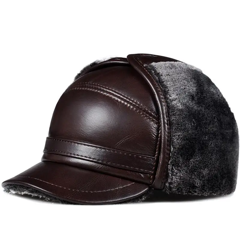 Genuine leather  cap hat men's brand new cow skin leather hats caps ear flap black brown with Faux fur inside