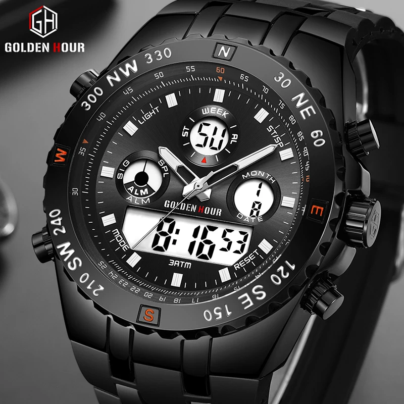 GOLDENHOUR Top Brand Dual Display Men Watch Fashion Silicon Strap Mens Quartz Watches Male Waterproof Sports Relogio Masculino