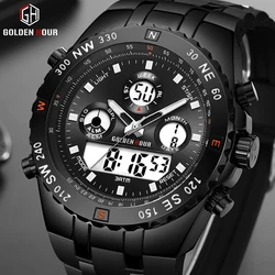 GOLDENHOUR Top di Marca Doppio Display Uomini Della Vigilanza di Modo Cinturino In Silicone del Quarzo Del Mens Orologi di Sport Maschio Impermeabile Relogio Masculino