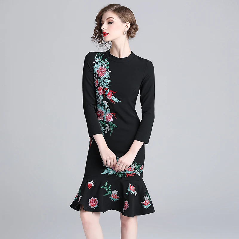 2019 New Arrival Vintage Trumpet / Mermaid Floral Full Embroidery Knee-length Regular dress