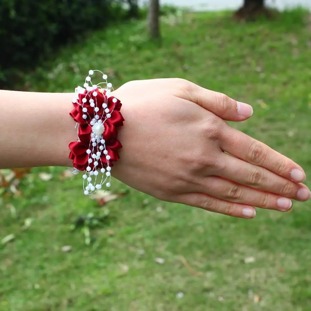 Wifelai-Een Pols Corsages Bruiloft Bruid Lint Bloemen Kralen Armband Wijnrood Bruidsmeisje Zijden Lint Pols Corsag Huwelijk SW0679