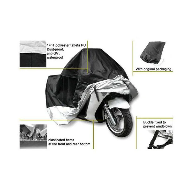 

TKOSM Black with Silver Motorcycle Cover Waterproof Outdoor UV/Dust Protector Rain Dustproof Cover for Motorcycle Scooter