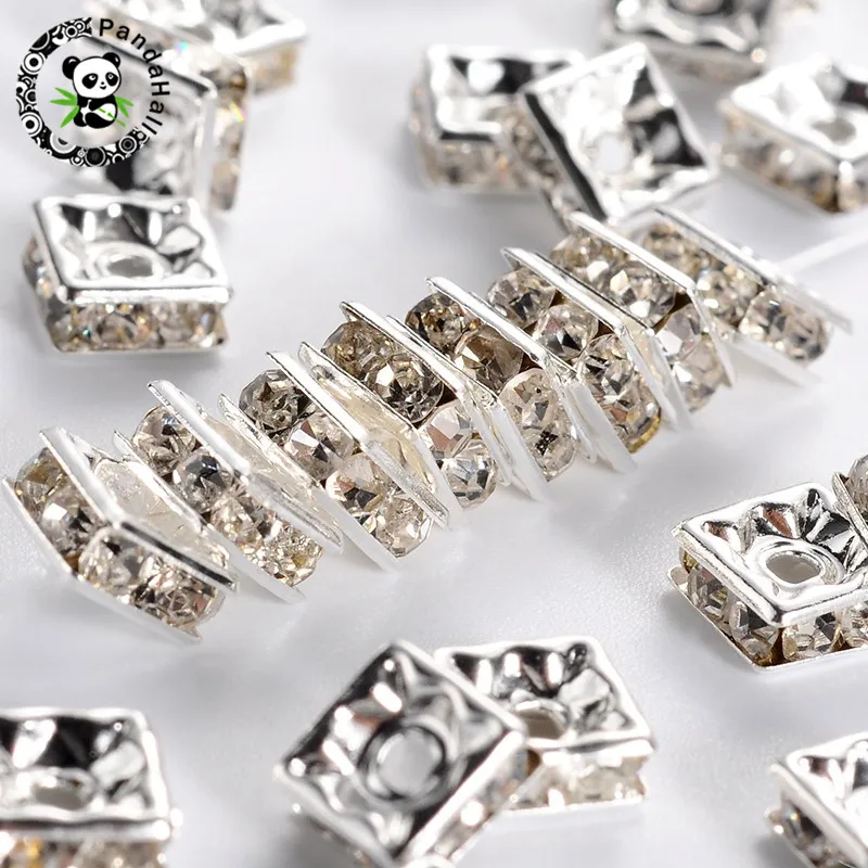 100pcs Metal Brass Rhinestone Crystal Bead Loose Spacer Beads Square for DIY Jewelry Making Accessories