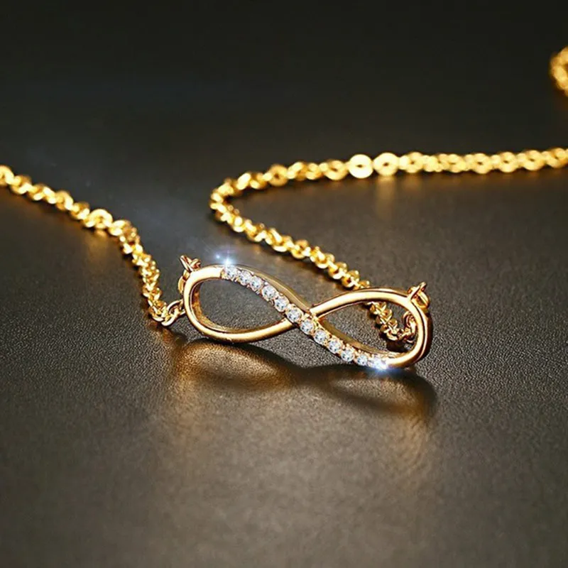 Ladies Fashion Gold-Color Stainless Steel Chain Infinity Pendant Necklace AAA+ Cubic Zirconia Pave Women Collar Necklace