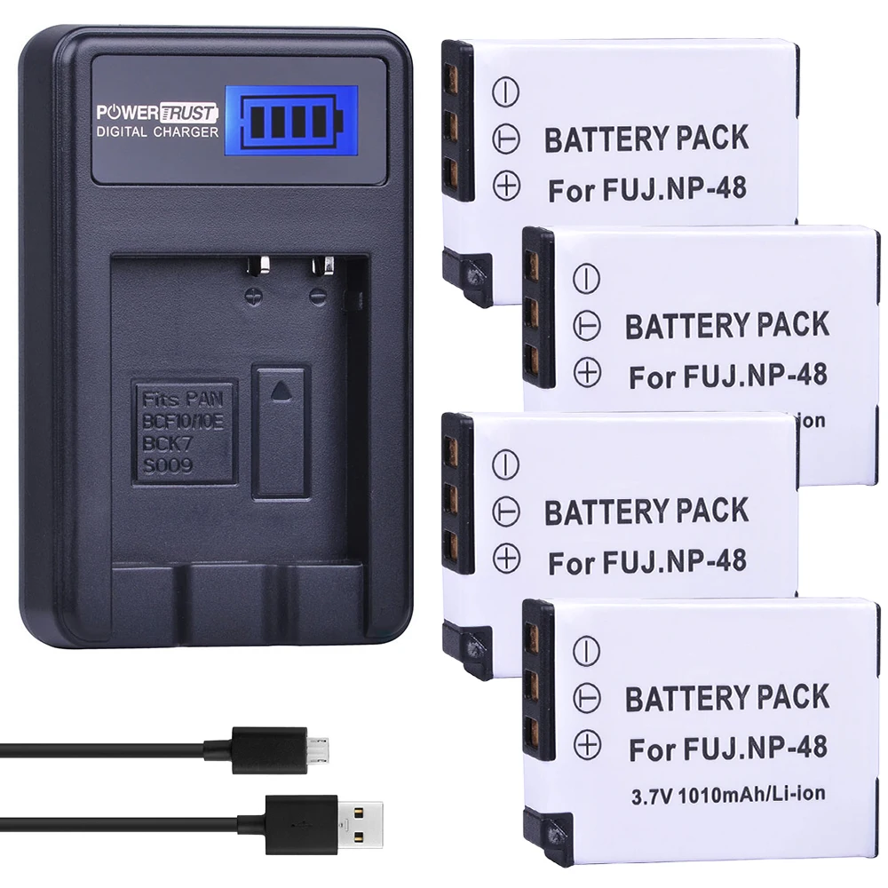 

PowerTrust 4Pcs NP-48 NP 48 NP48 Rechargeable Li-ion Battery and LCD USB Charger for Fujifilm XQ1 and XQ2 Cameras