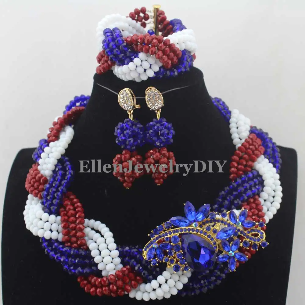 

Amazing New Royal Blue/Red/White Costume African nigerian Wedding Beads Jewelry Set Crystal Beaded necklace jewelry Set W13493