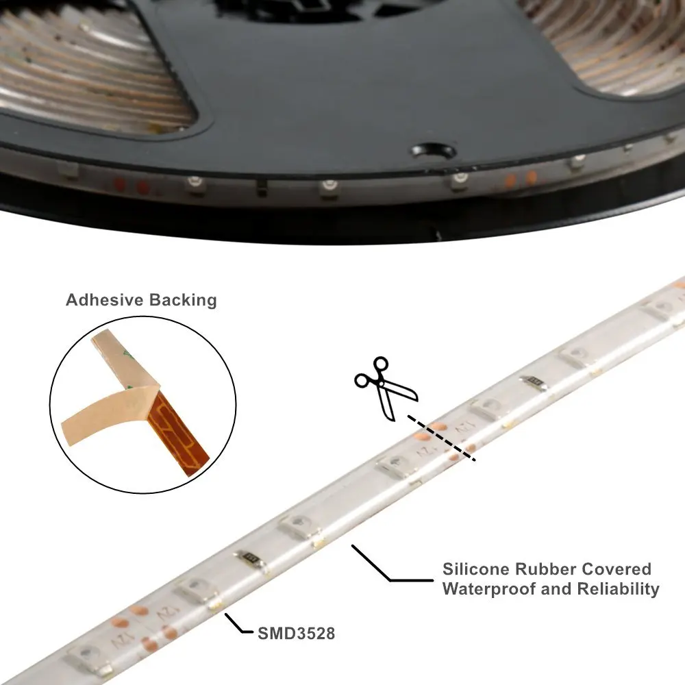 Yellow 5M 300 LED 3528 DC 12V LED Strip Non-Waterproof / Waterproof  Flexible Changeable Light+DC Female +2A Power Adapter