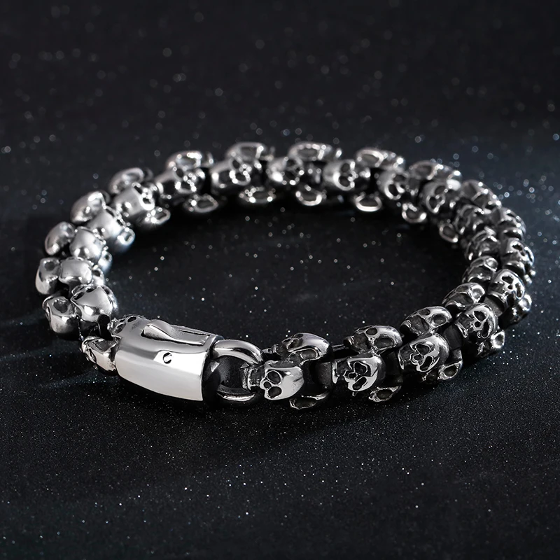 Fongten-Bracelets à breloques tête de mort pour homme, acier inoxydable, bracelet Steleton JOMens, bracelet jonc, bijoux gothiques, 12mm, 15mm