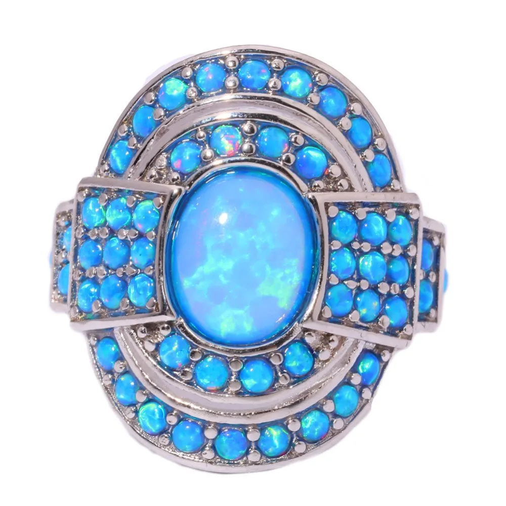 CiNily Vintage Blue Fire Opal Rings With Stone Silver Plated Luxury Large Bohemia BOHO Summer Cocktail Party Fully-Jewelled