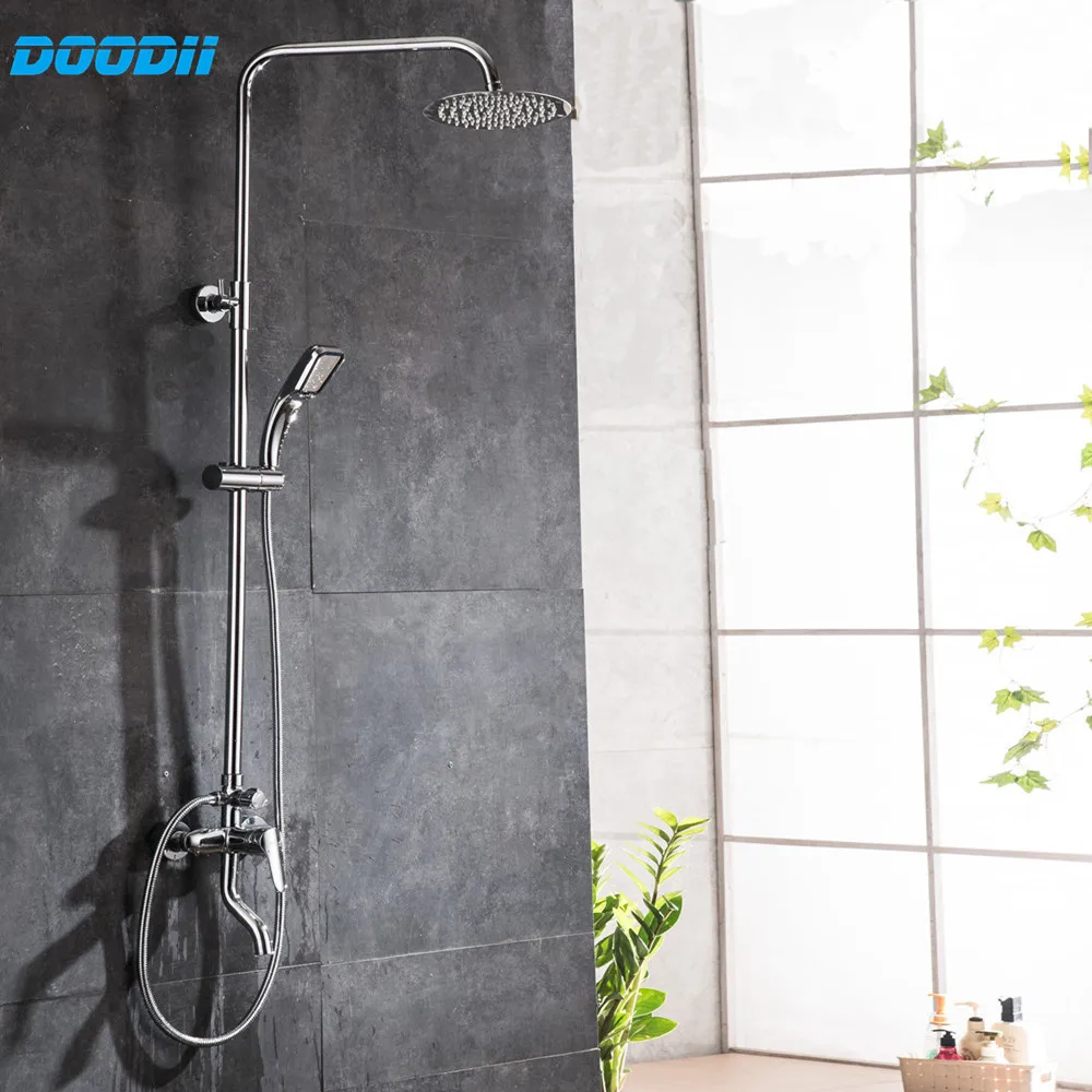 1 set Bathroom Rainfall Shower Faucet Set Mixer Tap With Hand Sprayer Wall Mounted chrome Doodii