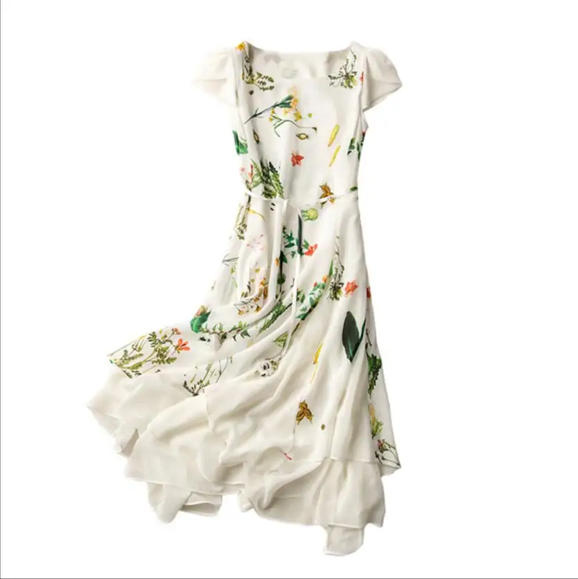 Fashion Women Shell 100% Silk Dress Summer Casual O-Neck Pastoral Style Dress Women White Print Dresses Free Shipping