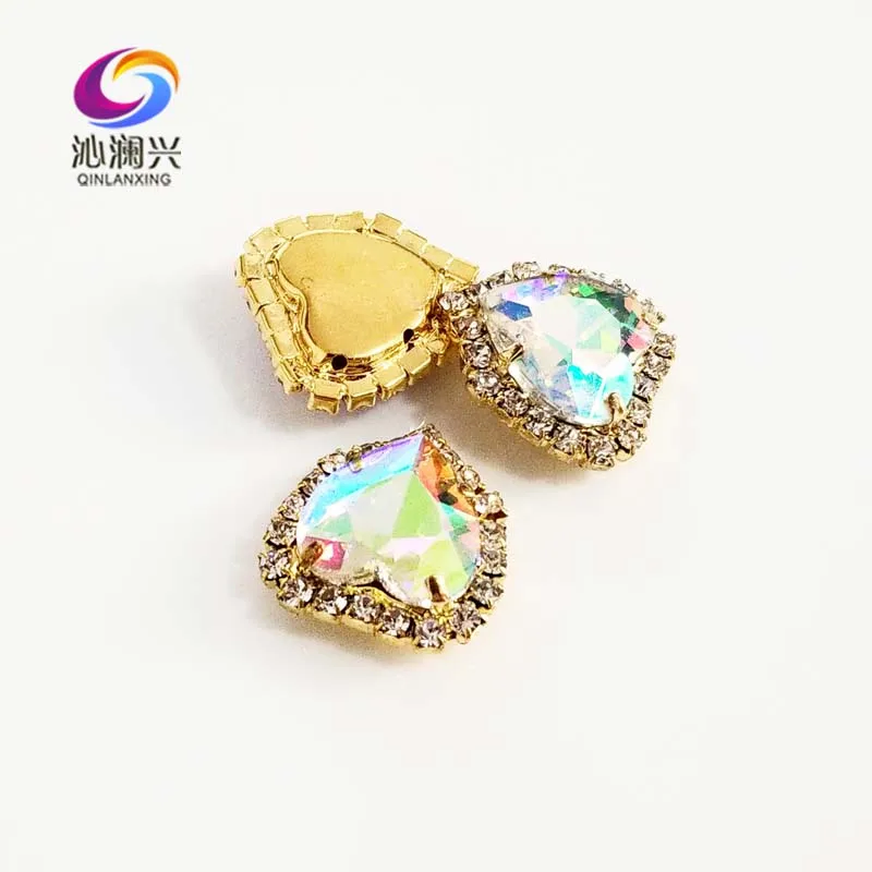 Heart Shape AB Color Crystal Glass Rhinestones, Gold Bottom Sew on Buckle, Used for Needlework, DIY/Sewing Accessories, 10Pcs