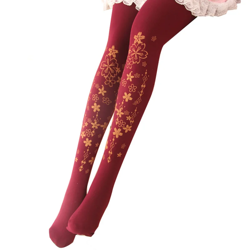 

Adomoe New Original Women Stockings Skin Color Lovely Lolita Tights Girl's Pantyhose Cute Japanese Sakura Cherry Blossom Print