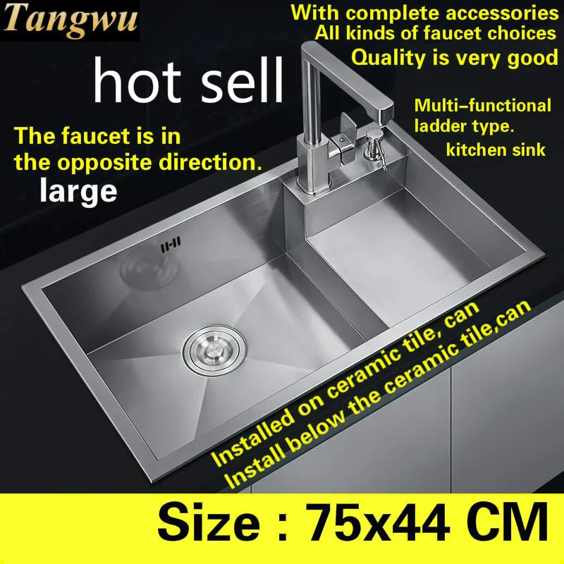 

Free shipping Fashion big luxury kitchen manual sink single trough standard 304 food grade stainless steel hot sell 750x440 MM