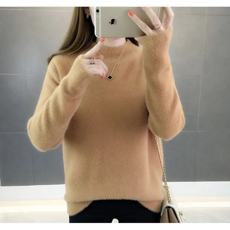 Warm Fall Knitted Faux Mink Fur Pullover Women Long Hair Turtle Neck Tops Ladies White Solid Color Jumper Casual Femme Pull Top