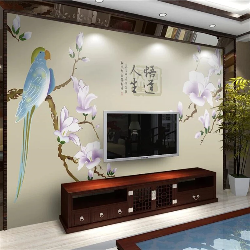 Custom 3d wallpaper hand-painted Chinese modern minimalist American art pen flower bird TV background wall painting 3d wallpaper