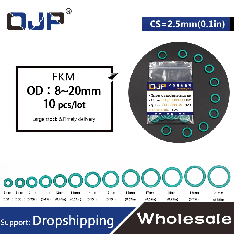10 pz/lotto anello in gomma verde FKM O Ring Seal OD8/9/10/11/12/13/14/15/16/17/18/19/20*2.5mm spessore O-ring Oil guarnizioni ad anello.-.