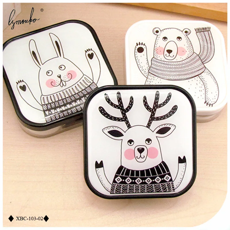 Lymouko Cute Elk Bear Rabbit Design Holder Contact Lens Case with Mirror for Women Gift Portable Container Lenses Box