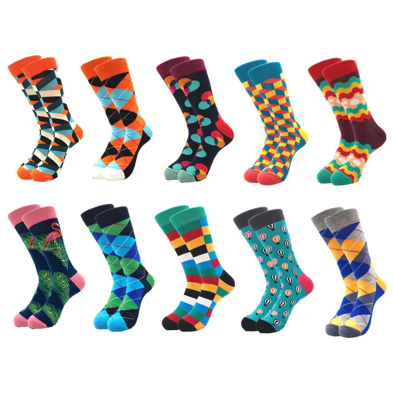 10pairs/lot Brand Quality Mens Socks Combed Cotton colorful Happy Funny Sock Autumn Winter Warm Casual long Men compression sock