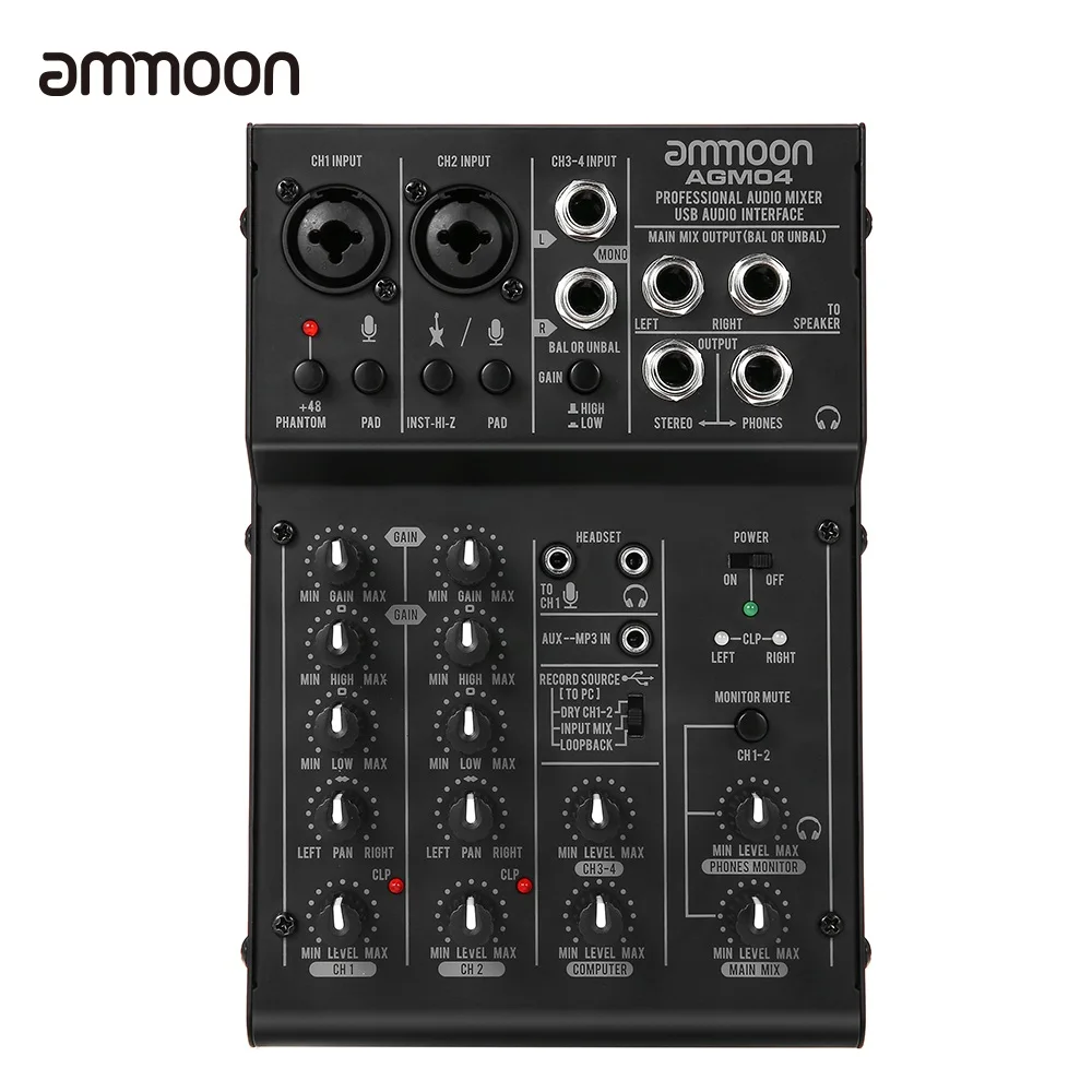 Ammoon 4-チャンネルコンソールデジタルオーディオミキサー2バンドeq Ammoon 4-チャンネルコンソールデジタルオーディオミキサー2バンドeq